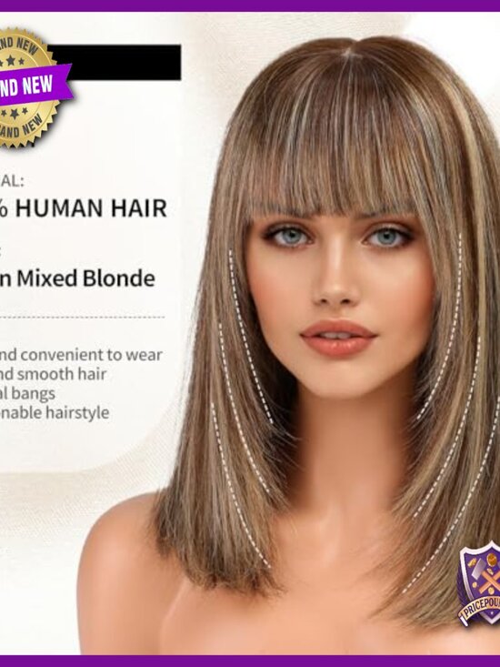 16 Inch Human Hair Wig with Bangs, Layered Straight Style, Glueless Cap main image 7